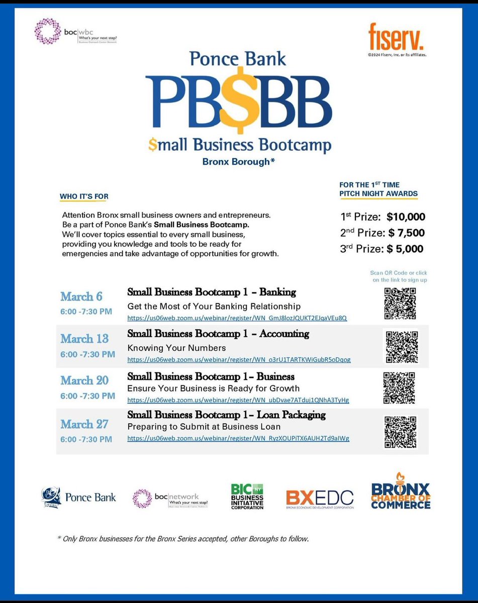 Ponce Bank launches a Bronx Business Bootcamp to provide important tools necessary to run a successful business. In partnership with the Bronx Chamber of Commerce, the BOC Network, BX EDC and BIC NY, this bootcamp ranges in topics and is available for Bronx businesses. Pls share.