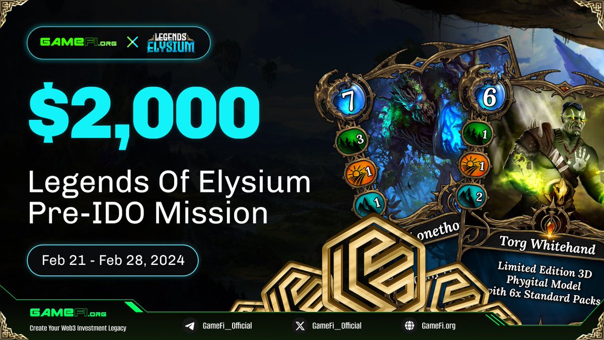 ✨ $2,000 <a href="/LegendsElysium/">Legends of Elysium</a> Pre-IDO Mission Are Awaiting✨

Dive into the immersive world where Trading Cards &amp; Board Games unite with Legends of Elysium to bring big rewards home!

💰 Reward: $2,000 worth of $LOE for 100 lucky participants

⏰ Duration: Feb 21 - Feb 28, 2024

📕