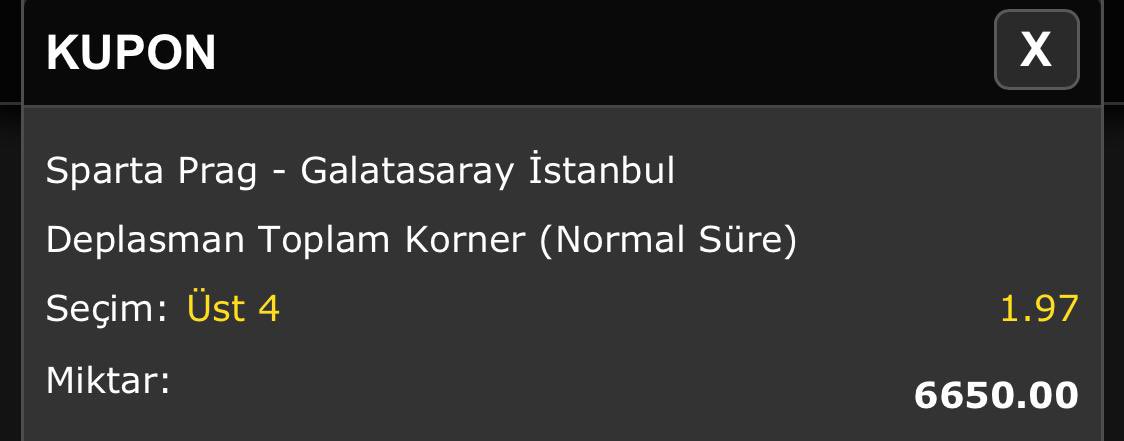 [UEFA Avrupa Ligi] 
Sparta Prag - Galatasaray İstanbul (—)
Şub 22, 23:00

Deplasman Toplam Korner / Üst 4
1.97
Bekliyor
Koyulan bahis
 
₺ 6 650.00
Oran
 
1.97

#Galatasaray #GalatasaraySK #iddaatahminleri #bahisheyecanı #bahiswon #bahisdeneyimi #mislicom #iddaa #nesine #tuttur