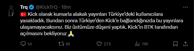 🟩Kick MENA sorumlusu TrQ, kumar yayınlarını Türkiye için yasakladıklarını ve Kick'in açılmasını beklediklerini açıkladı.