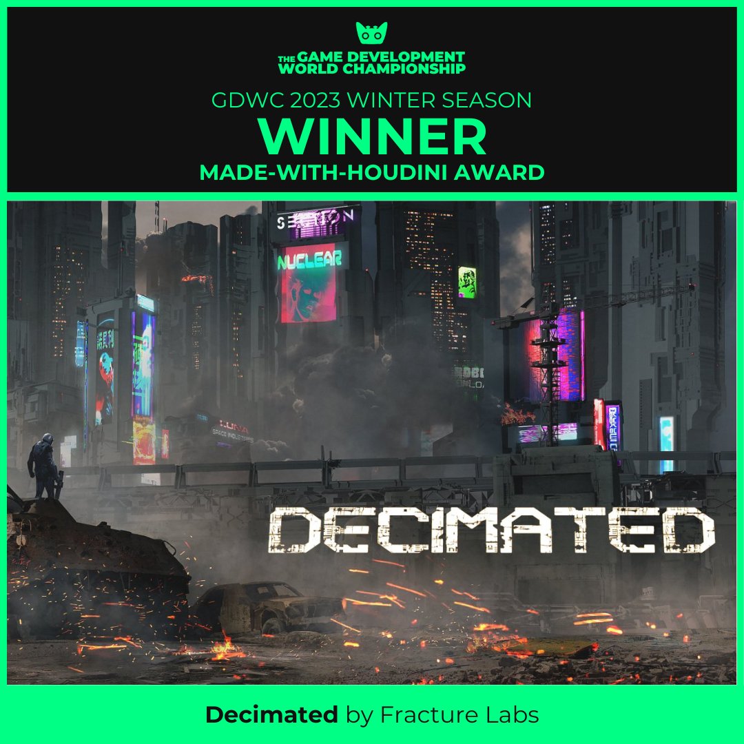 🏆Congrats to <a href="/decimated_game/">DECIMATED - Official</a> for Winning the Made-with-Houdini Award at #GDWC2023 #WinterSeason!

Award presented with <a href="/sidefx/">SideFX</a> Houdini

#indiegames #IndieDevs #gameawards #Houdini