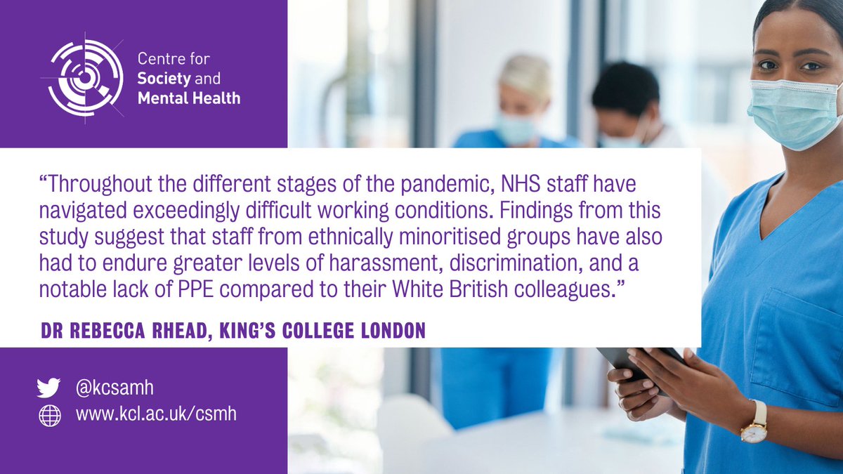 New research found #NHS staff from ethnically minoritised groups were more likely to experience bullying and harassment than White colleagues during the #pandemic and this was linked to poorer #mentalhealth Read more▶️bit.ly/3Ibxabz Supported by @wellcometrust @ESRC