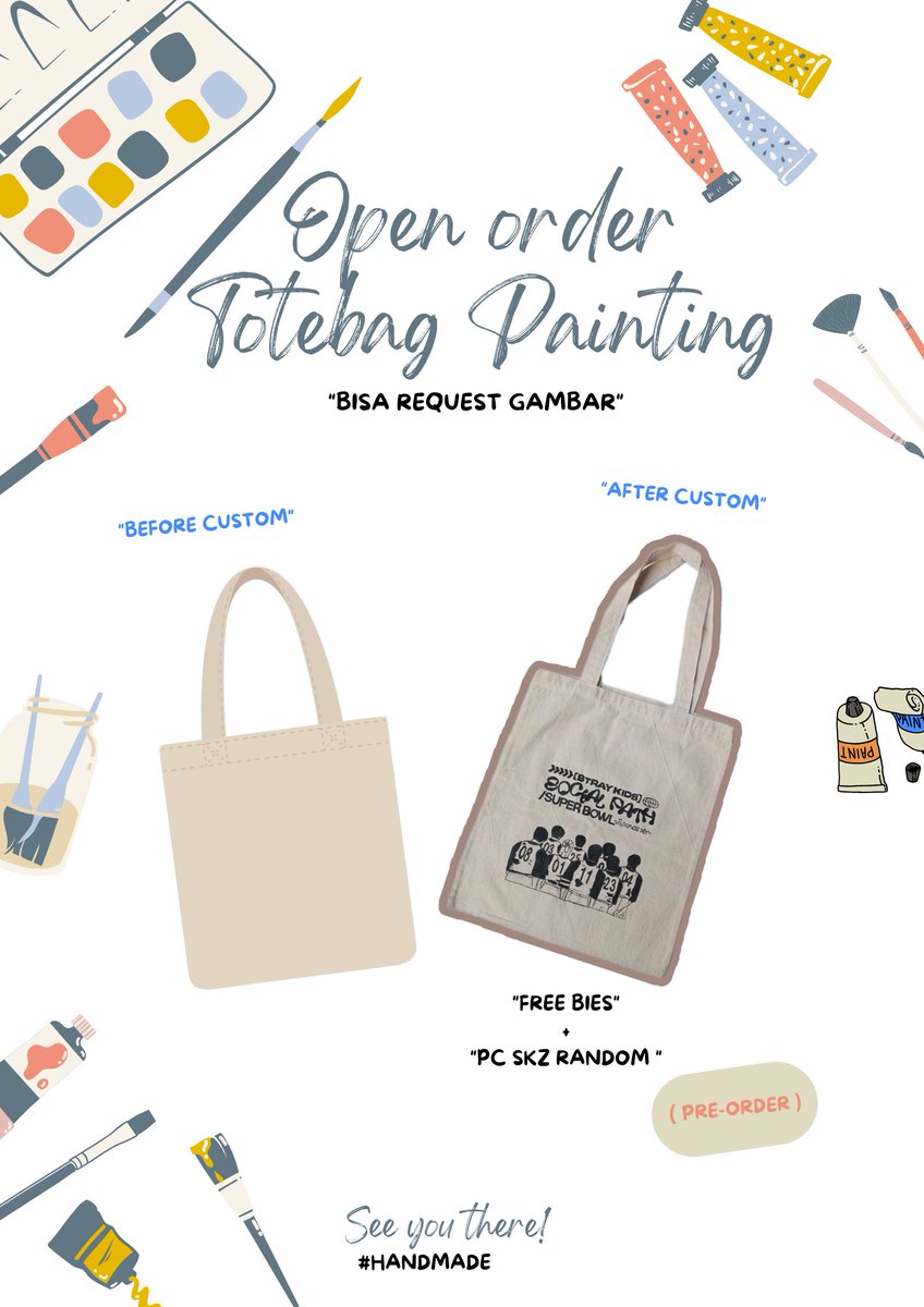 Inferiorie's tweet photo. Open order Totebag painting custom (pre-order) 🛒
🎨 Bisa request Gambar
🔗🎀 Free PC random SKZ 
💵 64 K
AND 
(Open order PAINTING ALL FANDOM) ✨😊

#handmade
#paintings 
#totebag 
#KPOP https://t.co/1c2ib0kGZu