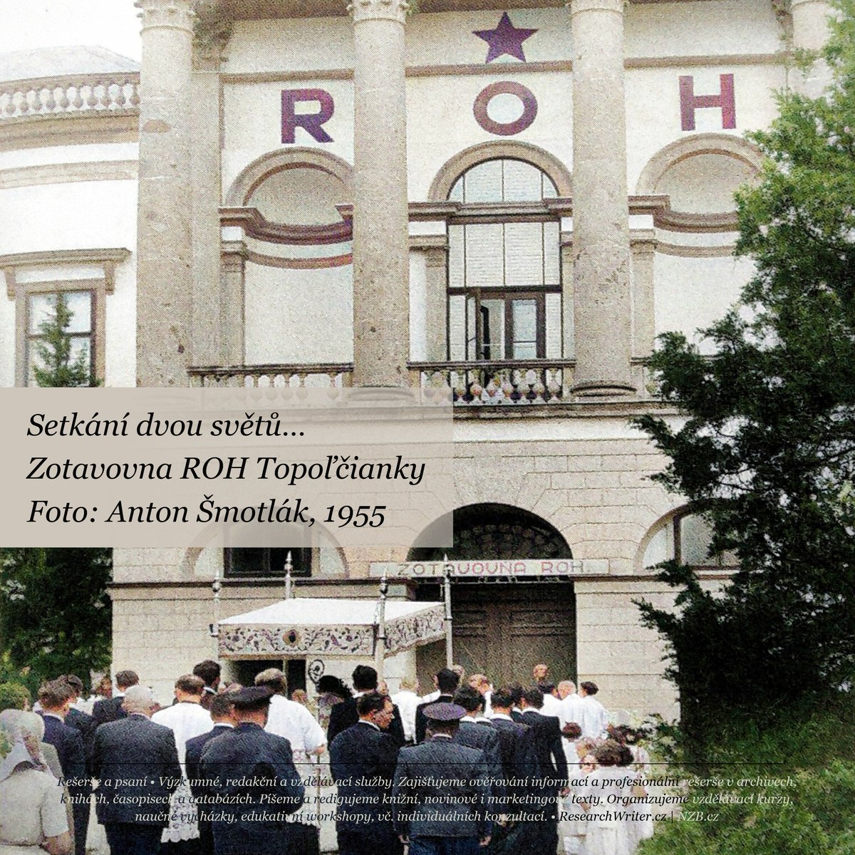 NZBcz's tweet image. Rudá hvězda na ánfasu a podivné slovo „ROH“ (1955). Foto: A. Šmotlák. Setkávají se tu 2 rozdílné světy… Kněz pod baldachýnem v církevním průvodu a rudá revoluce…
#komunismus #topolcanky #slovensko #smotlak #roh #odbory #cmkos #baldachyn #lazne #zotavovna #sanatorium