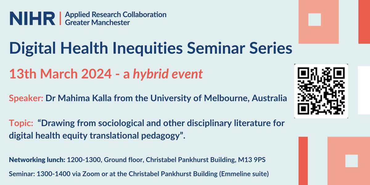 💡 The next Digital #HealthInequities Seminar is a hybrid event in collaboration with the International Centre for Translational #DigitalHealth. Please register if you would like to attend in person via bit.ly/3UOmGqb or by scanning the QR code below. 👇