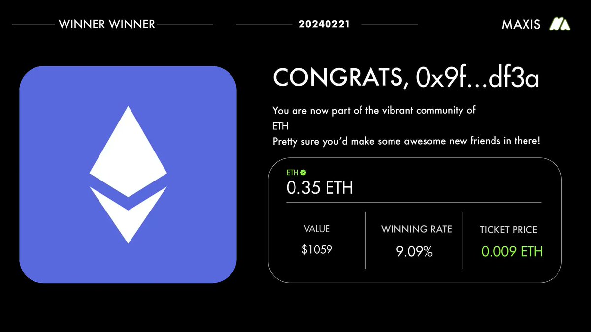winner winner chicken dinner 🎉

 I just won [0.35 ETH] @maxis_gg!

Link: maxis.gg/play/assets/et…