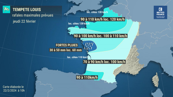 Ce jeudi, passage de la #TempêteLouis avec de fortes rafales de #vent sur une large moitié nord du pays, plus particulièrement sur les départements placés en #VigilanceOrange à partir de 12h.

Vent également au pied des Pyrénées.  
Fortes #pluies sur la Vendée et les Deux-Sèvres.