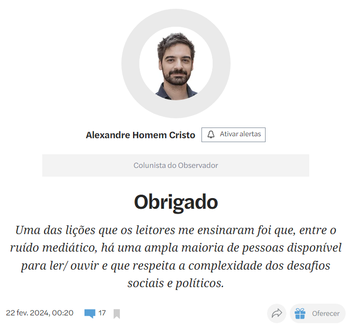 ahcristo's tweet photo. Hoje é o meu último dia como colunista do @observadorpt. E, por isso, este artigo serve para agradecer. Foi um privilégio ter feito parte nos últimos (quase) 10 anos. Obrigado a todos — leitores, autores convidados, equipa OBS. Vemo-nos por aí.
🔗https://t.co/iahINmCXno https://t.co/5Y7wG9q7V5