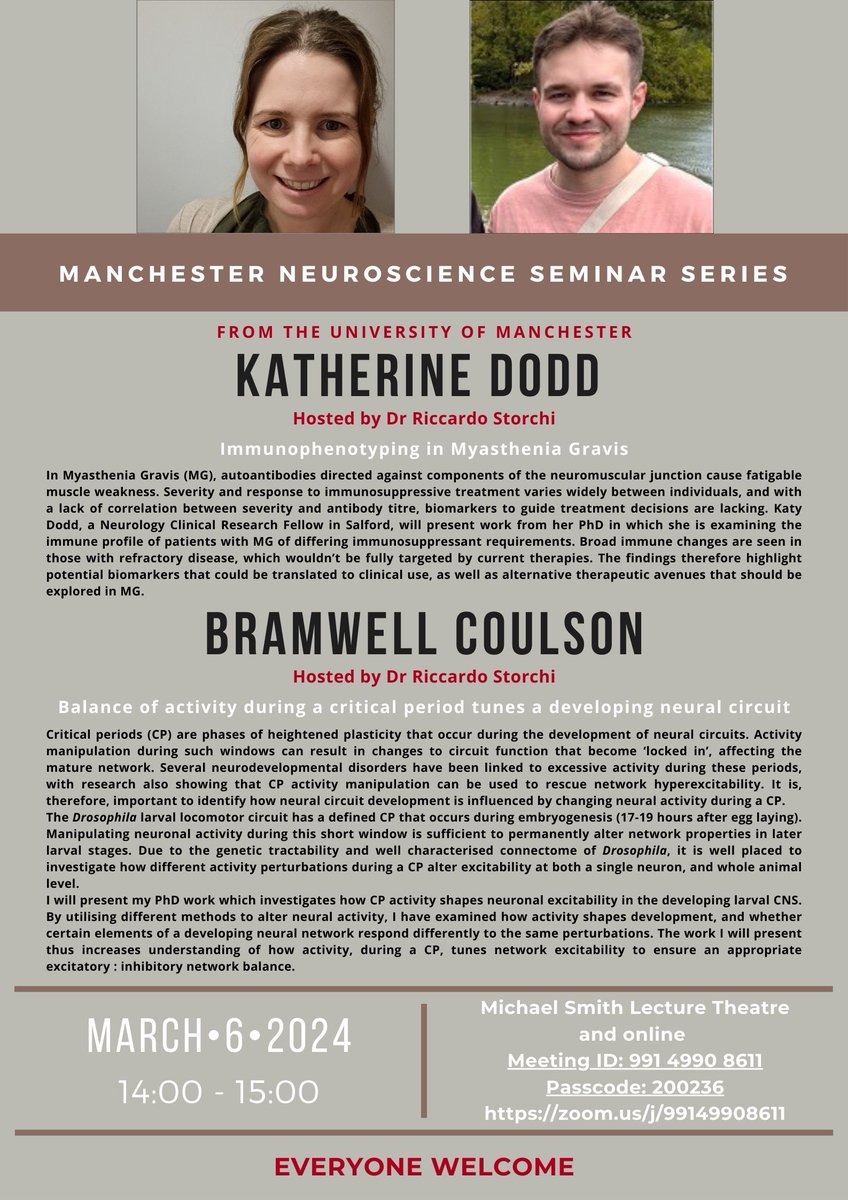 The next talk in our seminar series is on Weds 6th March at 2pm and is a 2-4-1! Presented by our own Katherine Dodd and Bramwell Coulson and hosted by @RiccardoStorch1. Further details on poster - all welcome! 🧠