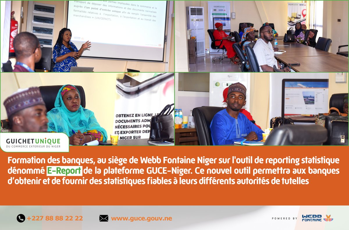 GUCENiger227's tweet photo. Formation des banques, au siège de Webb Fontaine Niger sur l'outil de reporting statistique dénommé E-Report de la plateforme GUCE-Niger. 

#guceniger #ministèredesfinance #banques #WebbFontaine #dematerialisation #commerceextérieur https://t.co/69fY9n0lAq