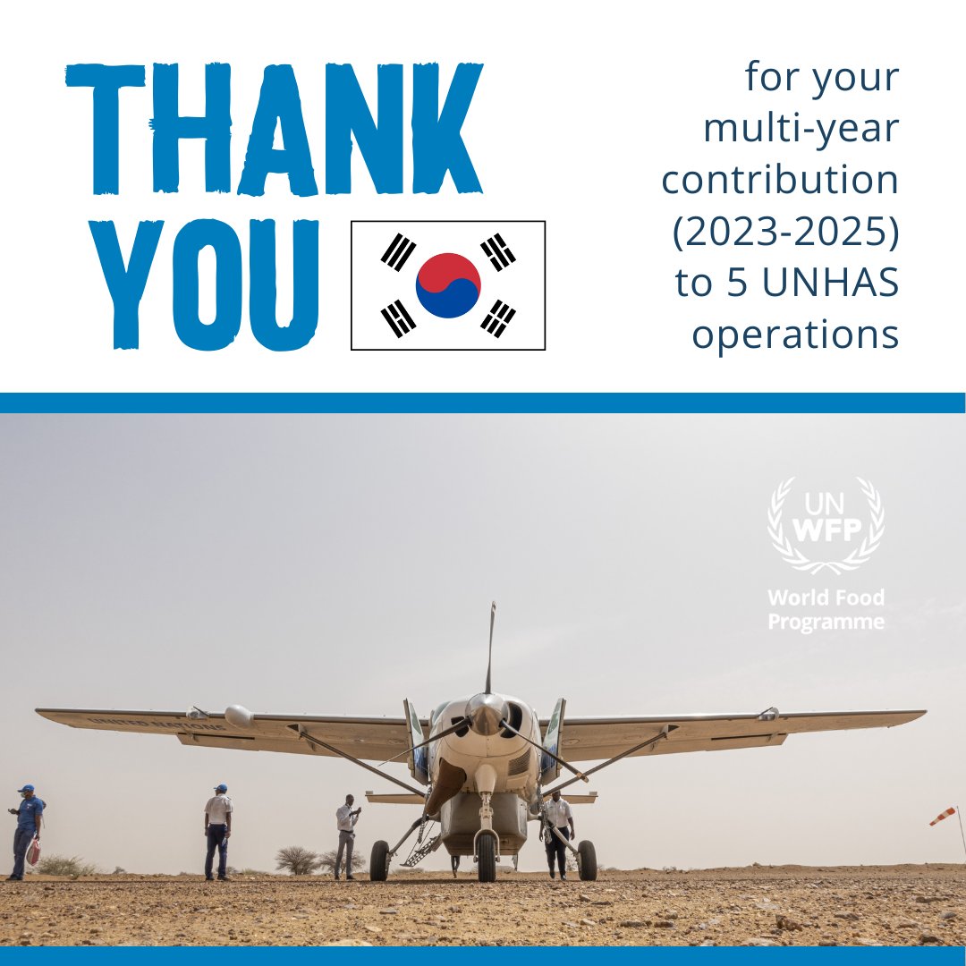 #ThankYouThursday Grateful for Korea's 🇰🇷 commitment to #UNHAS activities in Cameroon, Chad, Guinea, Nigeria & Sudan 🙏 This multi-year contribution (2023-2025) is essential in enabling aid workers to reach those in need in crisis-hit areas. #UNHAS20