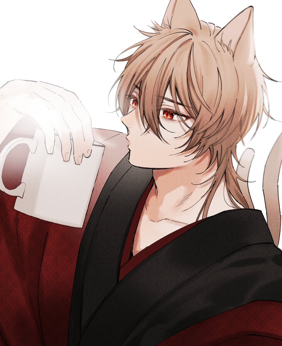 1boy male focus animal ears holding tail cat boy red eyes  illustration images