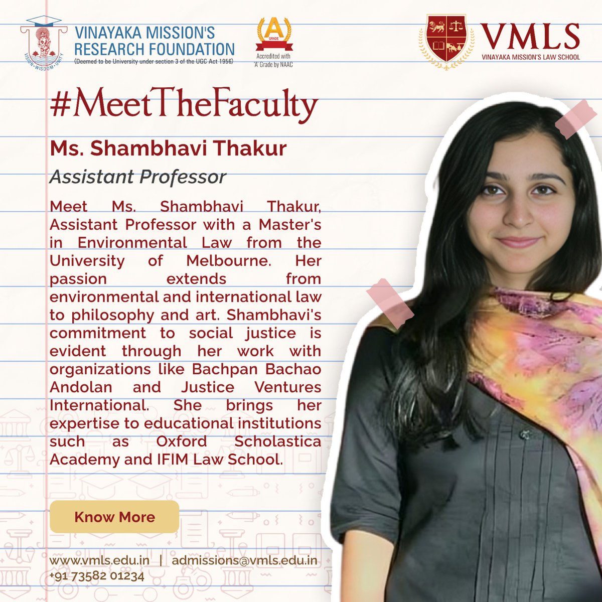 Meet Ms. Shambhavi Thakur, Assistant Professor with a Master's in Environmental Law from the University of Melbourne. Her passion extends from environmental and international law to philosophy and art. 
#LawProfessor #vmls #law