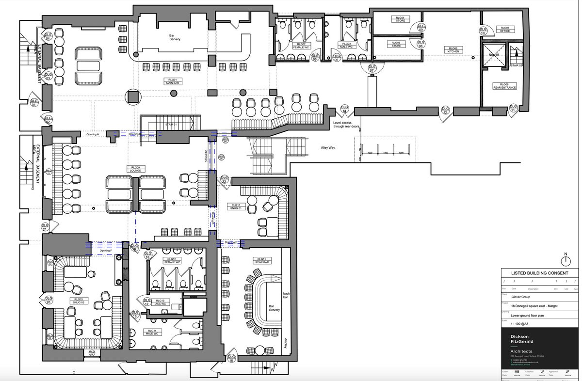 LA04/2024/0247/LBC - Application submitted by Clover Pubs NI No.1 Ltd proposing change of use from vacant storage area/former barbers at basement level &amp; change of use from offices at ground floor to public house (to facilitate extension to existing licensed premises Margot).