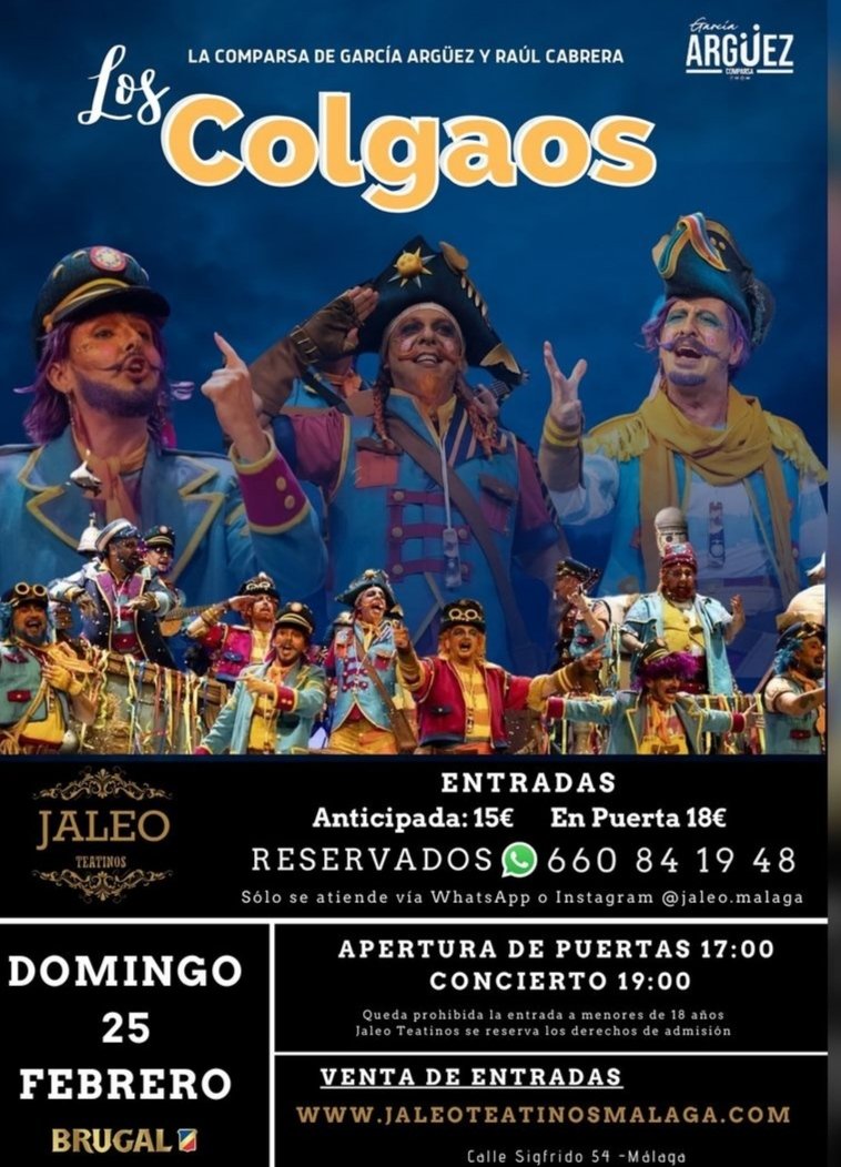 🚨 SORTEO 2 ENTRADAS PARA EL EVENTO 🎭

Este Domingo 25 Febrero

Comparsa Los colgaos en MÁLAGA
🗓️ 25.02.2024
📍 Jaleo Teatinos
⏰ 19:00h

HAZ RT A ESTE TWEET PARA PARTICIPAR

También puedes comprar tus entradas en 👉 jaleoteatinosmalaga.com/etn/los-colgao…