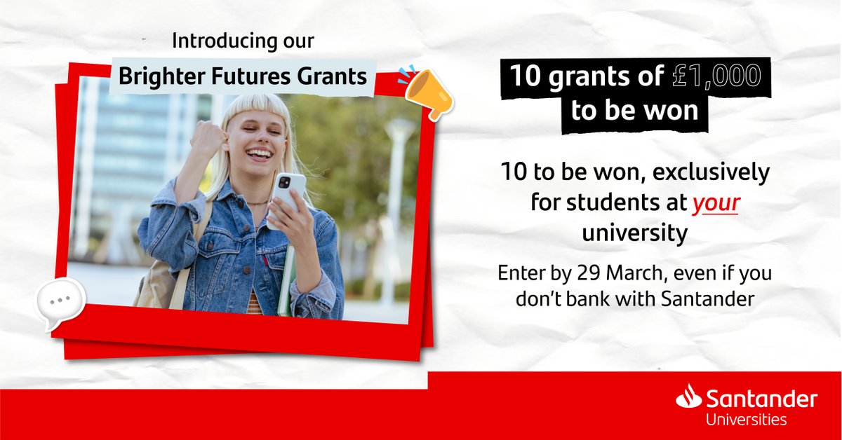 Looking for some extra funds? 
We’re giving away 10 Brighter Futures Grants of £1000 to support your student experience. You could use the funds to help pay for accommodation and bills or put it towards a new laptop.

Enter by 29 March 👉 bit.ly/48K64np

#SanUniBFG24