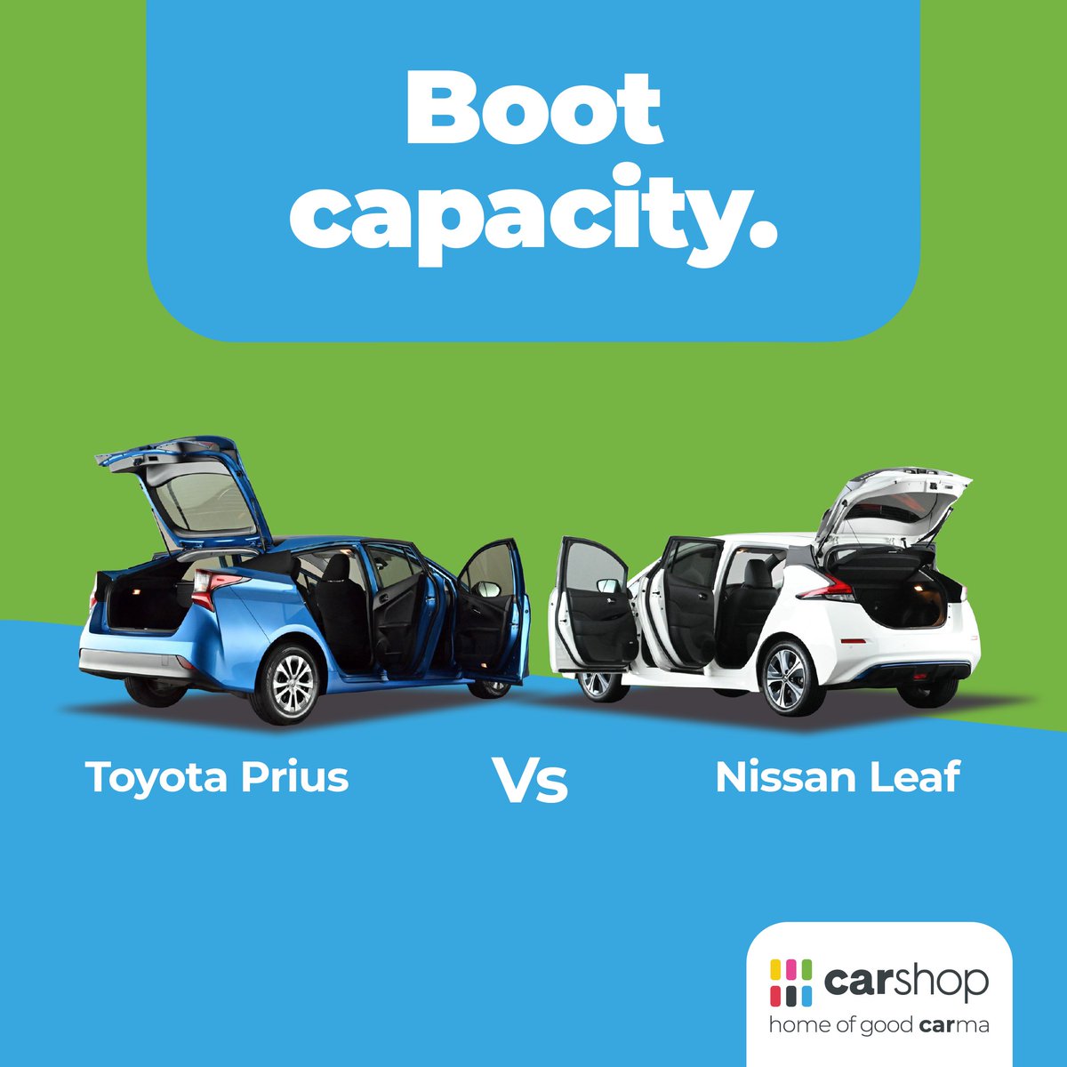 Big space, big adventures! 🌟 

The #NissanLeaf offers 435 litres of #bootspace, complete with handy nets to keep cables #organised. Meanwhile, the #ToyotaPrius boasts 457 litres of luggage room with a spacious boot opening for easy loading. Which one suits your travel style?