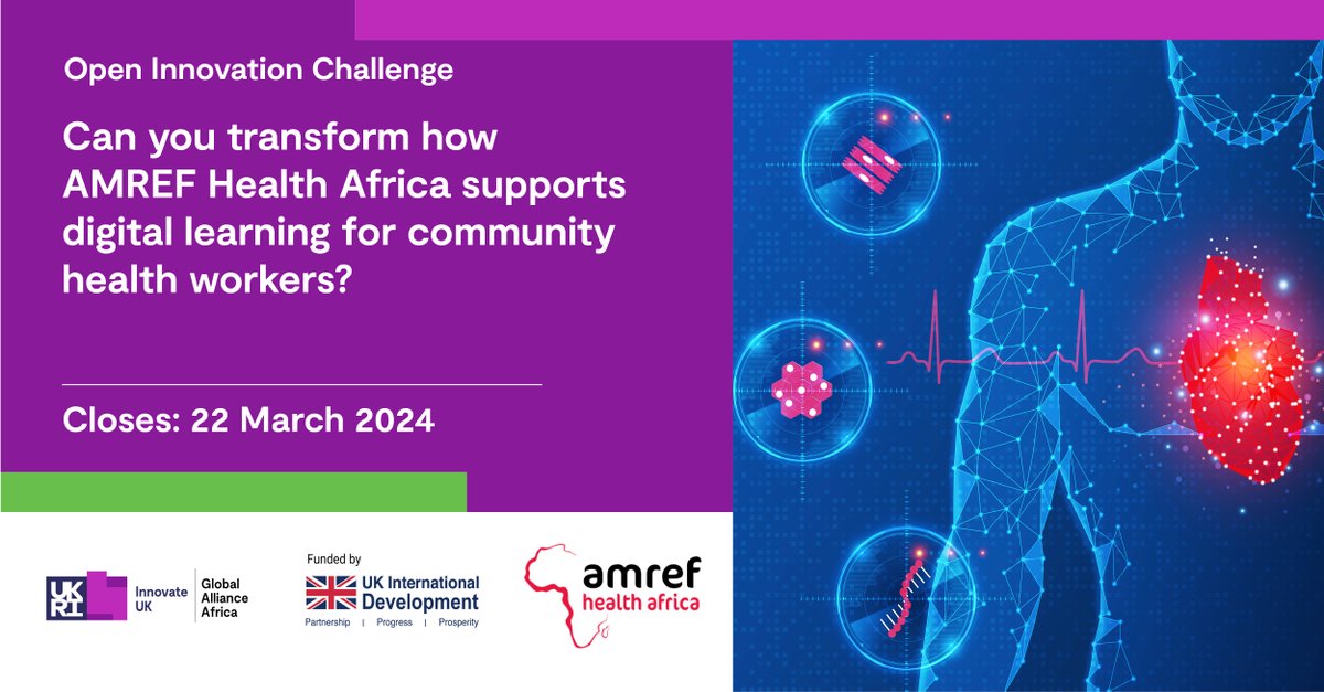 Do you have an innovative digital learning tool for community health workers? @InnovateUK &amp; <a href="/Amref_Kenya/">Amref Health Africa in Kenya</a> have a NEW Open Innovation Challenge with up to £25k in funding to #INNOVATE4HEALTHDATA! Apply: bit.ly/3OCRFBo <a href="/IUK_Global/">Global Alliance at Innovate UK Business Connect</a> <a href="/FCDOResearch/">FCDO Research, Science and Technology</a>  #GlobalAllianceAfrica #UKAid
