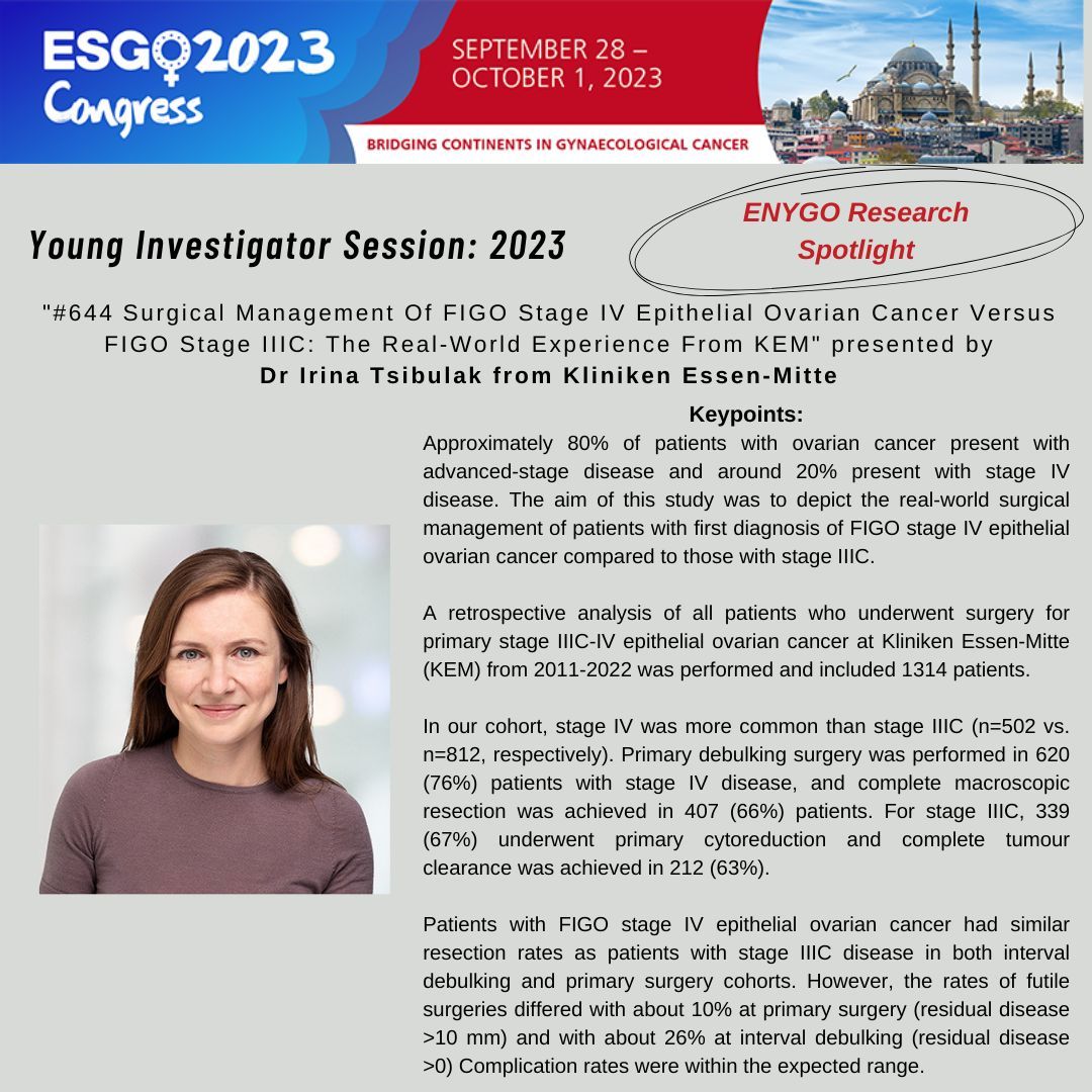 During the Young Investigator Session in Istanbul Dr @irinatsibulak presented results of surgical management of FIGO stage IV vs stage IIIC epithelial ovarian cancer. Do not miss the YIS in Barcelona! Congress programme: buff.ly/3uFw04R! Abstract: buff.ly/48kEoEH