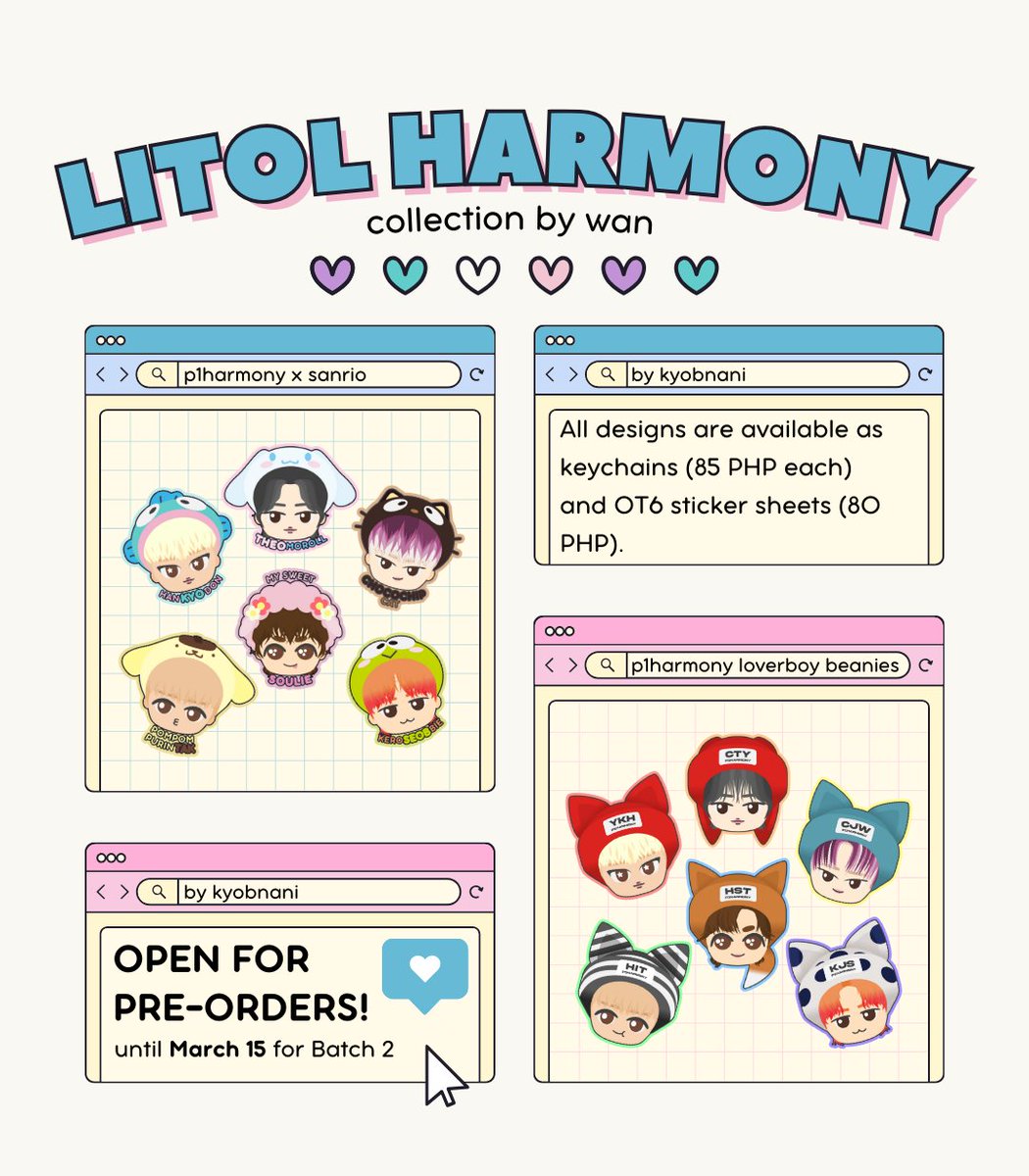 [BATCH 2]

LITOL HARMONY Collection is back!

2 designs:
➷ Sanrio Harmony
➷ Beanie Harmony, inspired by the 2023 P1ECE Membership Kit!

Individual keychains priced at 85 PHP
OT6 sticker sheets priced at 80 PHP

PRE-ORDER OPEN:
🗓️02.23.2024 - 03.15.2024

🏷️꒰ #wanmade ꒱