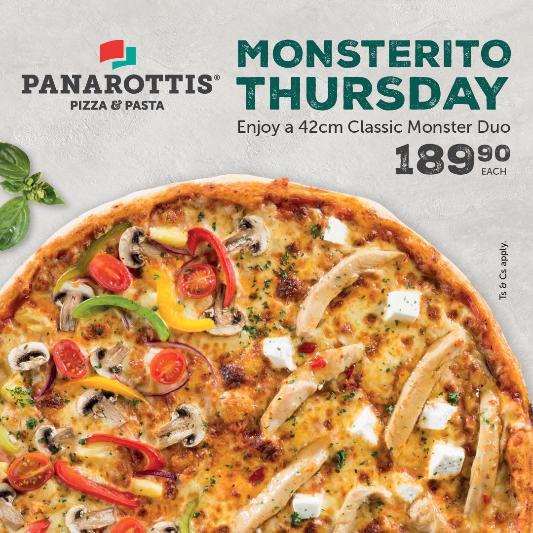 It’s Monsterito Thursday at @panarottissa in #BaywestMall! 🍕 Enjoy a 42cm Classic Monster Duo for just R189.90. Ts &amp; Cs apply.
 
#BaywestMall #Panarottis #MonsteritoThursday #Pizza