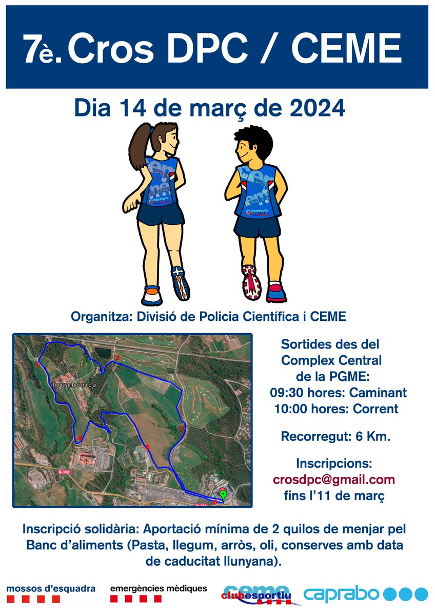 El proper 14 de març, el Club Esportiu de Mossos d'Esquadra ha organitzat un cross a Sabadell. La prova esportiva, que arriba a la seva setena edició, serà també una prova solidària: totes les persones participants faran una aportació d'aliments per al Banc dels Aliments. 

Els