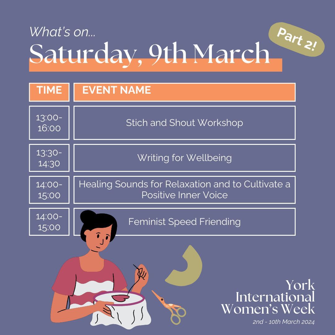 🪡 What's on? 🪡 Saturday 9th March - Part 2!

Our busiest day continues!  Get together with other women and girls, make new friends, and make something beautiful together ❤️ 

Go to yorkwomen.org.uk for more info!

#YIWW #York #InternationalWomensWeek
