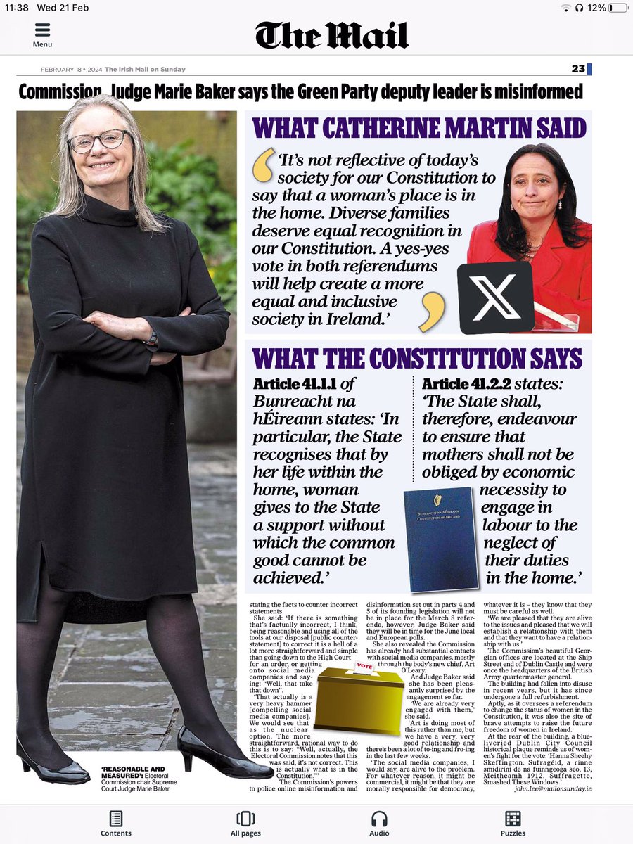 A few have asked me to put this @IrishMailSunday interview with Justice Marie Baker up. An intelligent and insightful woman. #Referendum