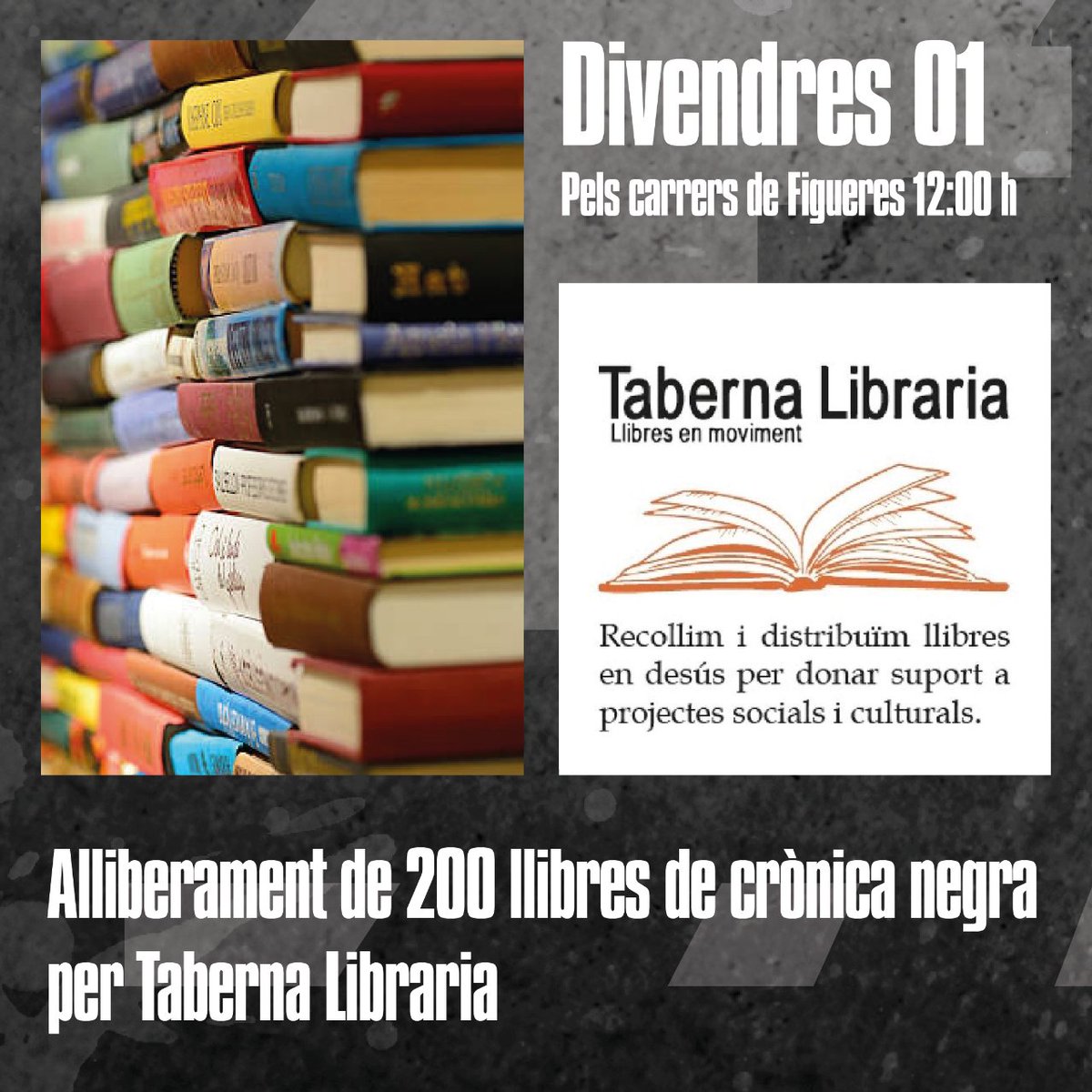 ceba_negra's tweet image. El divendres 1 de març començarem el festival Ceba Negra pels carrers de #Figueres

La Taberna Libraria alliberarà a diferents punts de la ciutat 200 llibres sobre crònica negra.

Recorre els carrers i troba els diferents llibres.