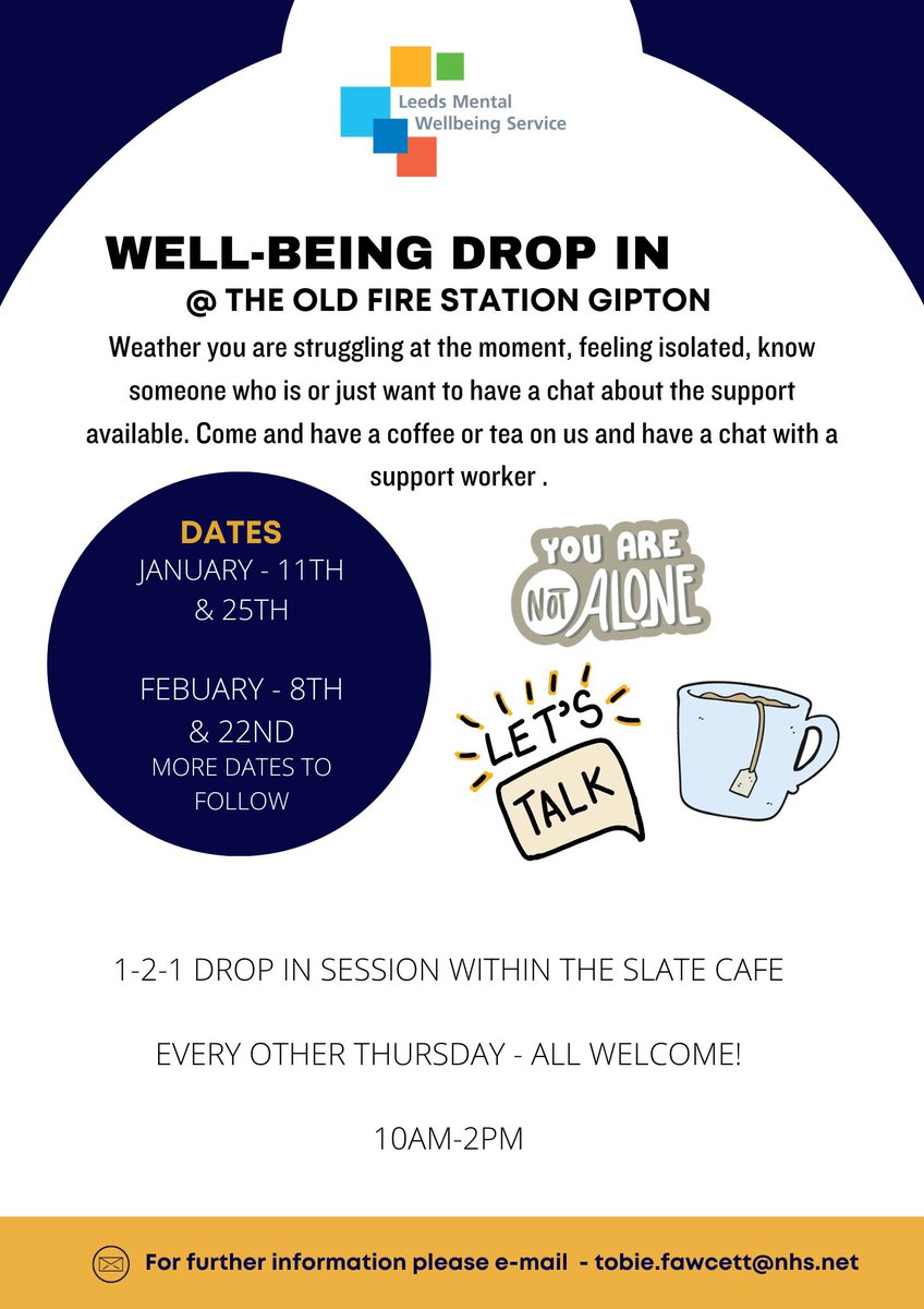 Down @OldFireStaLS9 today for anyone struggling, feeling isolated or just in need of a brew and a chat 💬 

Referrals to @LMWS_NHS can be made or just a chat about the options for support 💛