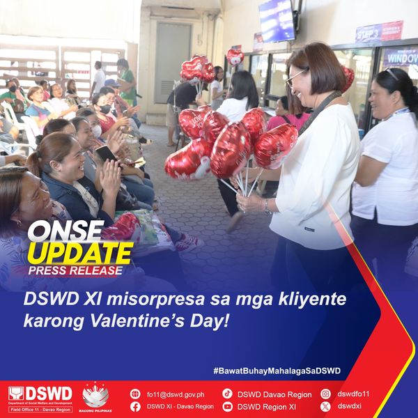 dswdxi's tweet photo. 𝗗𝗦𝗪𝗗 𝗫𝗜 𝗺𝗶𝘀𝗼𝗿𝗽𝗿𝗲𝘀𝗮 𝘀𝗮 𝗺𝗴𝗮 𝗸𝗹𝗶𝘆𝗲𝗻𝘁𝗲 𝗸𝗮𝗿𝗼𝗻𝗴 𝗩𝗮𝗹𝗲𝗻𝘁𝗶𝗻𝗲’𝘀 𝗗𝗮𝘆!
Read more: https://t.co/Iels5hp9b2
Walang maiiwan sa Bagong Pilipinas!
#BawatBuhayMahalagaSaDSWD https://t.co/AEjN6A652K