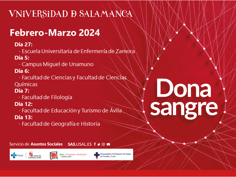 #DonaSangre 🩸 | Estos son los puntos de la <a href="/usal/">Universidad de Salamanca</a> en los que podrás donar sangre durante los meses de febrero y marzo. 
👉Recuerda llevar bolígrafo y tu DNI. 

Si no es posible donar durante la campaña, puedes hacerlo en los puntos fijos: centrodehemoterapiacyl.es/puntos-de-dona…
<a href="/sas_usal/">Servicio de Asuntos Sociales USAL</a>