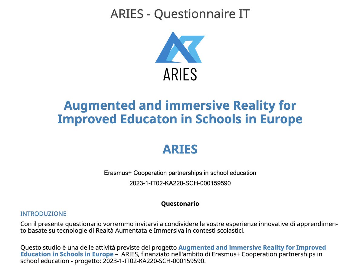 Questionario, survey.bupnet.de/index.php/9732… , per valutare il livello di conoscenze e competenze degli insegnanti ed il livello di implementazione della realtà aumentata e immersiva, nelle scuole europee. #augmentedreality #immersivereality #education #ariesproject #erasmusplus #miur