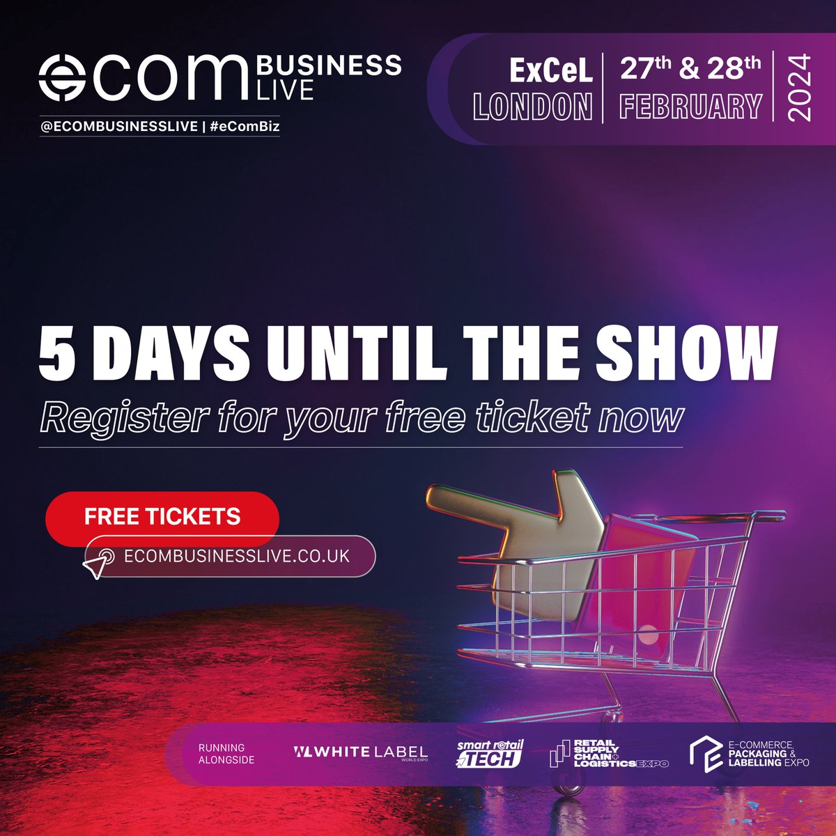 5 DAYS TO GO!   

Join us at eCom Business Live, the ultimate event for accelerating your online business sales on the 27th &amp; 28th of February, 10am - 4pm at the ExCeL London.  

See you next week!

#eComBiz #ukbusiness #2024events #excellondon