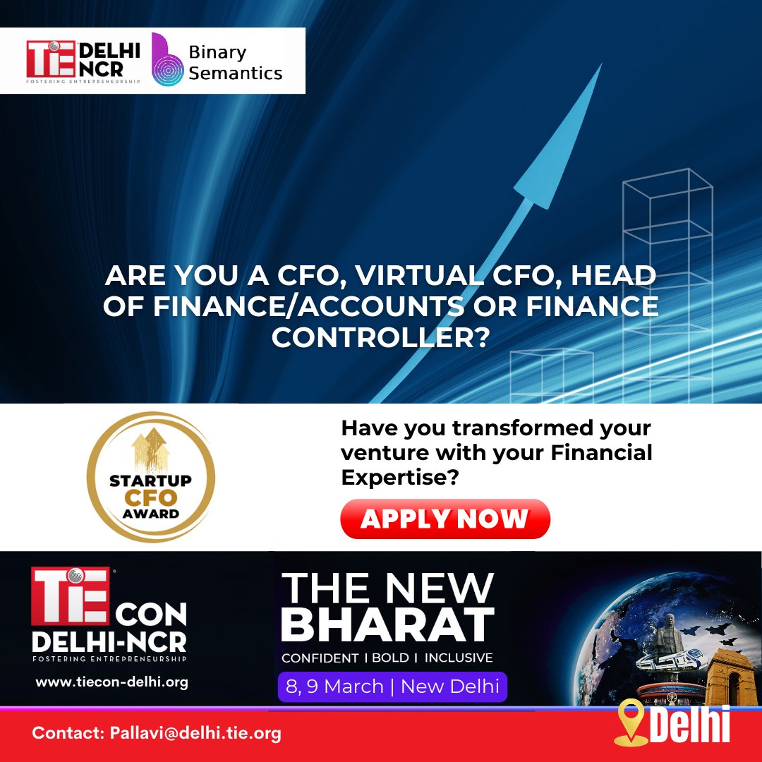 TiEDelhi's tweet photo. Calling all financial leaders! Join us for the inaugural Startup CFO Awards at #TiEconDelhi2024, celebrating innovation and excellence in financial stewardship.
Apply Now: https://t.co/TzAl3iMRY3
8th March | Taj Palace, New Delhi.
Register: https://t.co/uWTLoQGzkG
#StartUpGlory https://t.co/L60PYD6xhd