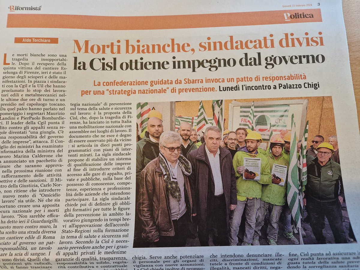 FilcaCisl's tweet photo. .@ilriformista: "La #Cisl ottiene l'impegno dal #Governo sulla #sicurezza in #edilizia, e da un #cantiere di #Roma ha lanciato un patto di responsabilità, un tavolo per fermare la scia di sangue". https://t.co/YRHFp93uyZ