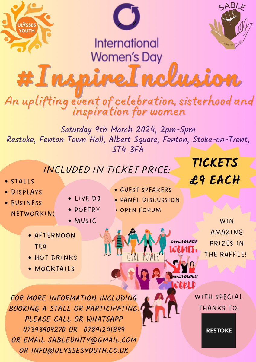#InspireInclusion for #InternationalWomensDay. Saturday 9th March, 2pm-5pm at <a href="/restoke/">Restoke</a> in Fenton. A beautiful woman centred event for women and girls aged 13+. eventbrite.co.uk/e/inspireinclu…