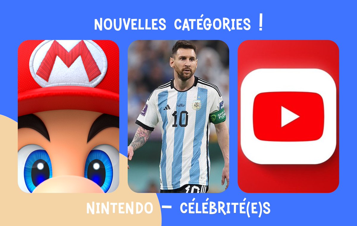 QuetzalGamesFR's tweet photo. 🚀 NOUVELLES CATEGORIES 🚀

🆕 Catégorie: Nintendo
🆕 Sous-catégorie: Personnages (Nintendo)
🆕 Catégorie: Célébrité(e)s
🆕 Sous-catégorie: Youtubers FR/Streamers FR (Célébrité(e)s
🆕 Sous-catégorie: Footballeurs (Célébrité(e)s) https://t.co/1TxHXTPwAh