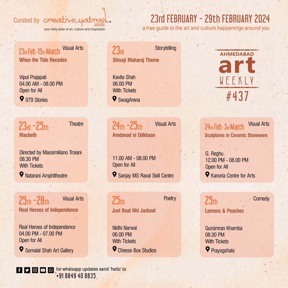 creativeyatra's tweet photo. #Ahmedabad's cultural beat is alive and thriving! Don't miss out on the best in #art, #theatre, & #comedy with #AhmedabadArtWeekly. Discover more at https://t.co/s8iIZCzXww.
#CreativeYatra #eventsinahmedabad #Artexhibition #amdavad #visualart #comedyshow #artist #artwork #AAW https://t.co/85ujY0ruqa