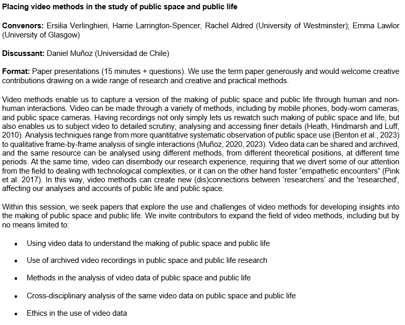Dr Harrie Larrington-Spencer (@tricyclemayor) on Twitter photo #CfP for #RGSIBG24 session 'Placing video methods in the study of public space & life'
Convened by <a href="/Active_ATA/">Active Travel Academy</a>, we'll have paper presentations & the fab <a href="/daniel_m_z/">Daniel Muñoz Zech</a> as discussant.
Abstract deadline 26 Feb
h.larringtonspencer@westminster.ac.uk
e.verlinghieri@westmisnter.ac.uk #CfP for #RGSIBG24 session 'Placing video methods in the study of public space & life'
Convened by <a href="/Active_ATA/">Active Travel Academy</a>, we'll have paper presentations & the fab <a href="/daniel_m_z/">Daniel Muñoz Zech</a> as discussant.
Abstract deadline 26 Feb
h.larringtonspencer@westminster.ac.uk
e.verlinghieri@westmisnter.ac.uk