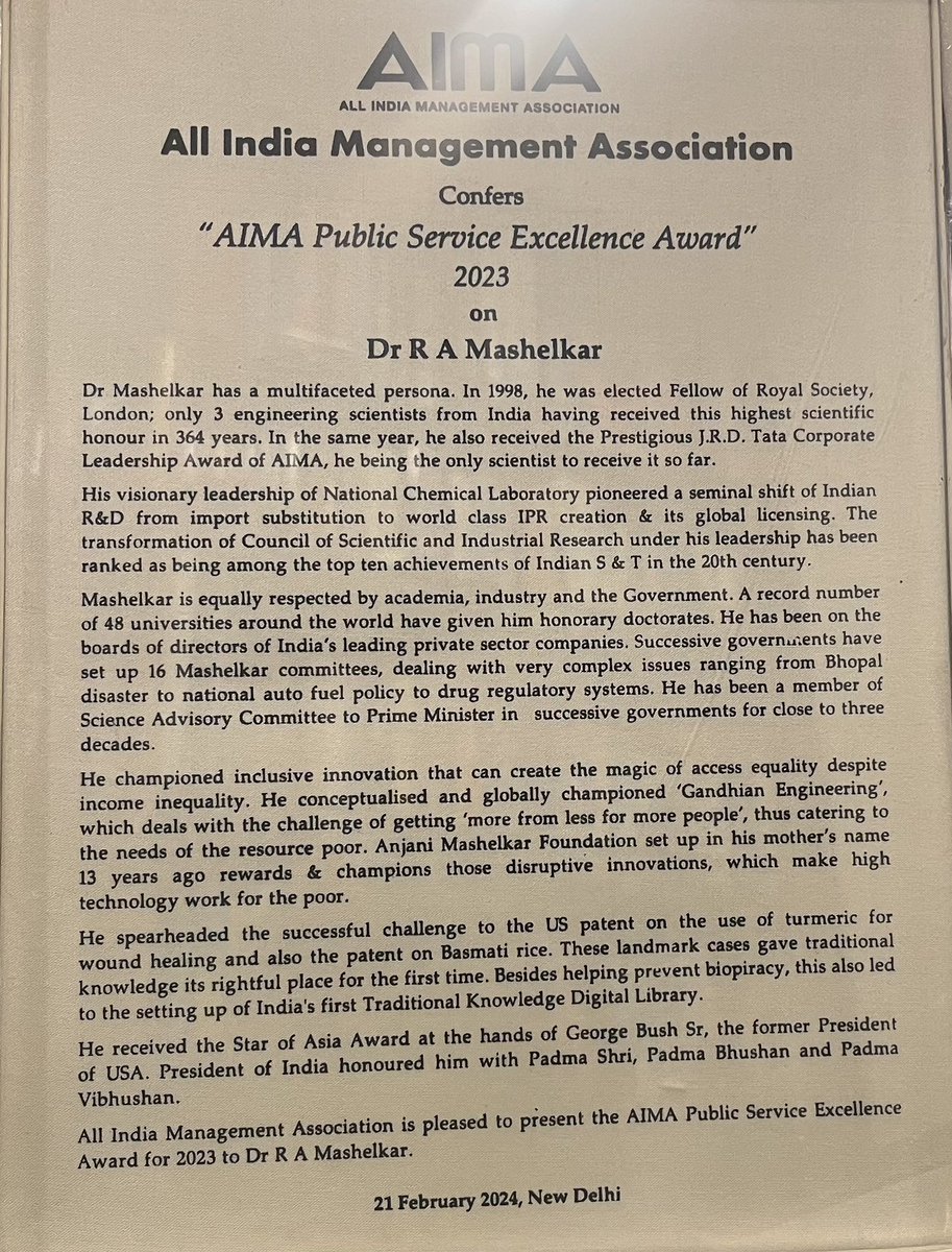 Raghunath Mashelkar (@rameshmashelkar) on Twitter photo It was a great honour for me to receive the prestigious
AIMA Public Service Excellence Award 2023 at the hands
of hon’ble <a href="/dpradhanbjp/">Dharmendra Pradhan</a> ji - with my dear friend <a href="/amitabhk87/">Amitabh Kant</a>
strongly supporting, as always…
My most grateful thanks to <a href="/aimaindia/">All India Management Association</a> for doing me this second honour It was a great honour for me to receive the prestigious
AIMA Public Service Excellence Award 2023 at the hands
of hon’ble <a href="/dpradhanbjp/">Dharmendra Pradhan</a> ji - with my dear friend <a href="/amitabhk87/">Amitabh Kant</a>
strongly supporting, as always…
My most grateful thanks to <a href="/aimaindia/">All India Management Association</a> for doing me this second honour