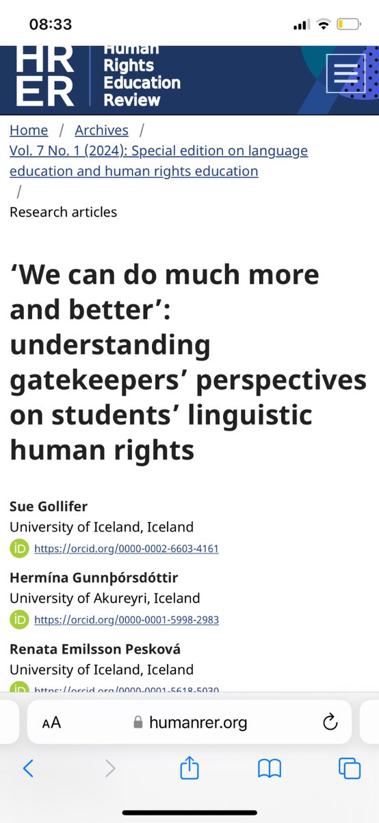 ⭐️NEW #OpenAccess ⭐️Does #Iceland guarantee children’s linguistic human Rights? ⭐️@Haskollin_Ak @uni_iceland researchers explore accounts of education leaders @gollifer_sue @renataep911 doi.org/10.7577/hrer.5…