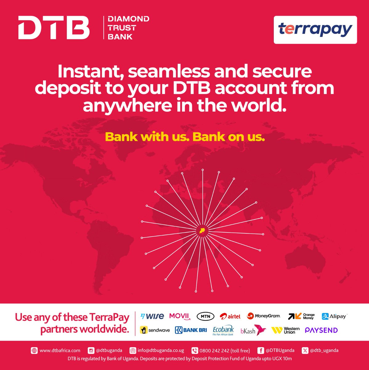 Welcome to the family. <a href="/dtb_uganda/">DTB Uganda</a> and <a href="/TerraPay/">TerraPay</a> have today formalized their partnership that enables clients of the bank to transfer money from wherever they are directly to their bank accounts securely. Forget the after 2 or 3 days transfers, this is real time #DTBTerrapay