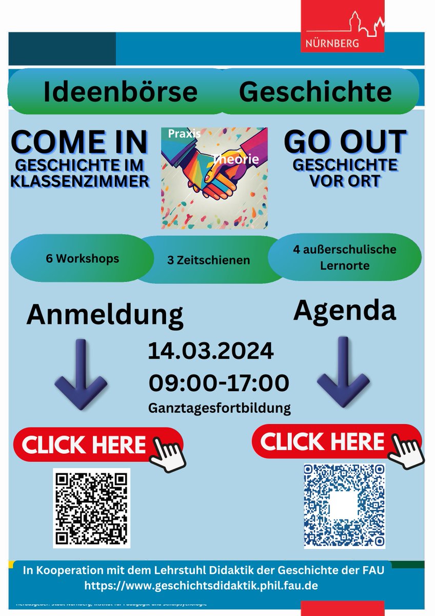 Entdecke die Vergangenheit, forme die Zukunft! In 6 Workshops und an 4 außerschulischen Lernorten wollen wir uns für den Geschichtsunterricht der Zukunft inspirieren lassen: 🩷liche Einladung zur Ideenbörse Geschichte! #twlz #bayernedu #nuernberg