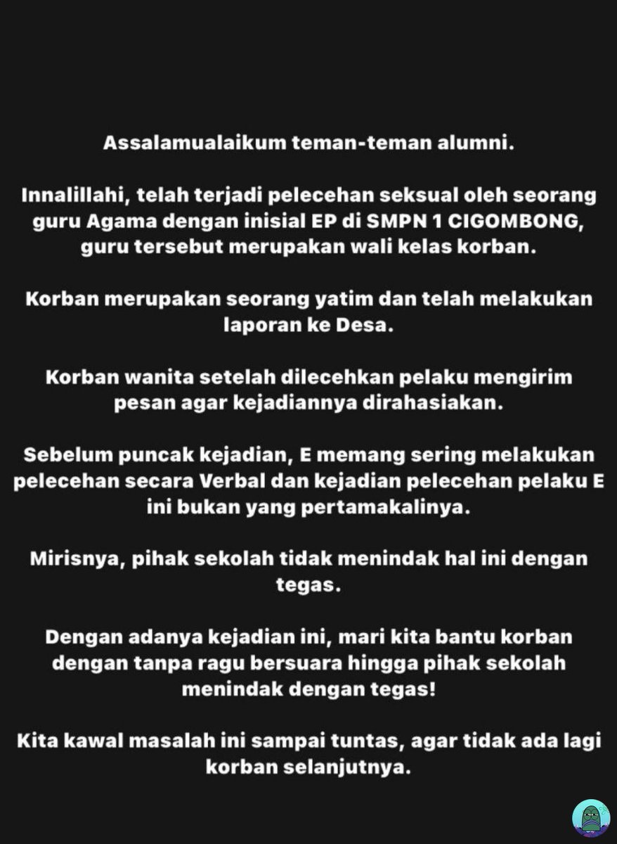 TW// PELECEHAN, SEXUAL HARASSMENT 

💚 PLS GUYS TOLONG BANTU RAMEIN. SENDER ALUMNI SEKOLAH INI, DAN EMANG BENER DARI JAMAN SENDER SEKOLAH JUGA DIA KAYAK GINI. DARI DULU UDAH BANYAK YANG LAPOR. TAPI PIHAK SEKOLAH GAK ADA TINDAKAN. PANTESAN KASUSNYA MASIH BERLANJUT 💀