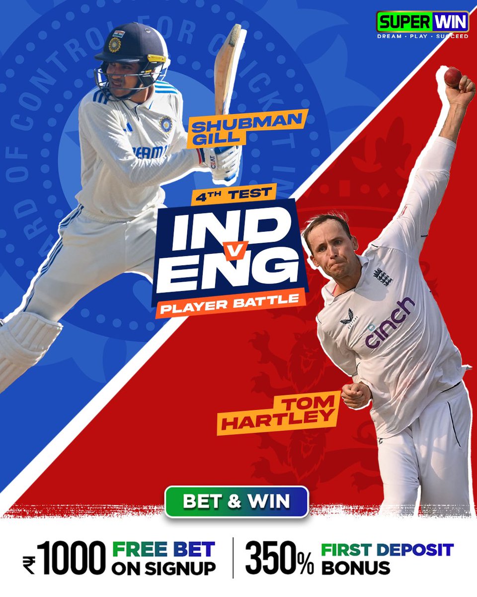 SuperwinGames's tweet photo. A 🔥 battle to watch out for! 🏏👀

Can Gill 🇮🇳 seal the series win or will rookie 🏴󠁧󠁢󠁥󠁮󠁧󠁿 star Hartley give his side a chance? 👊

Take your prediction to https://t.co/rrmb9rG7Ej claim your 🆓 ₹1,000 & 350% first deposit bonus to win BIG! Register via the 🔗 in bio now 🤑💰
.
.
.

#Superwinner #IND #INDvENG #Betting #CricketFever #BetIndia #SportsBettingAdvice #BetandWinTips #IndiaBetting #Test #gill #cricket #IndiaBettingSite #Betnow #test #Sports #SportsBook #SportsBetting #BettingStrategy #BetandWin