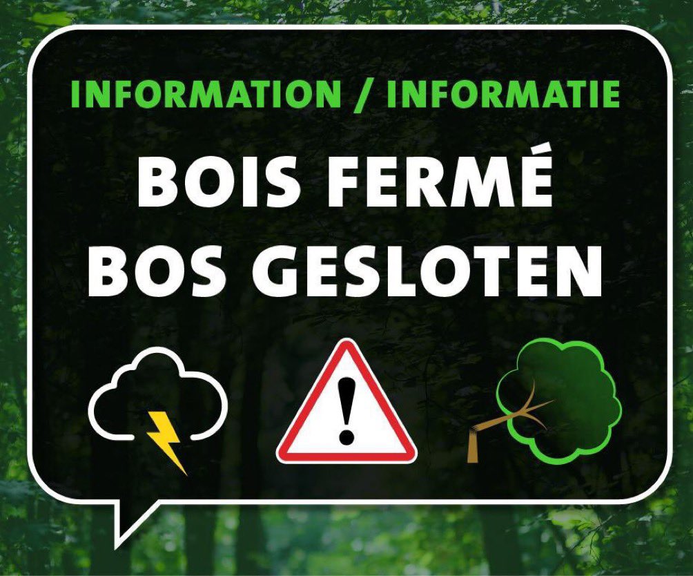 🚨 En raison des mauvaises conditions météorologiques, le Bois de la Cambre 🌳 sera fermé à partir de 16h jusqu’à demain matin 6h #Bruxelles 🚨 Vanwege de slechte weersomstandigheden zal het Terkamerenbos 🌳 van 16u tot morgenochtend 6u gesloten zijn #Brussel