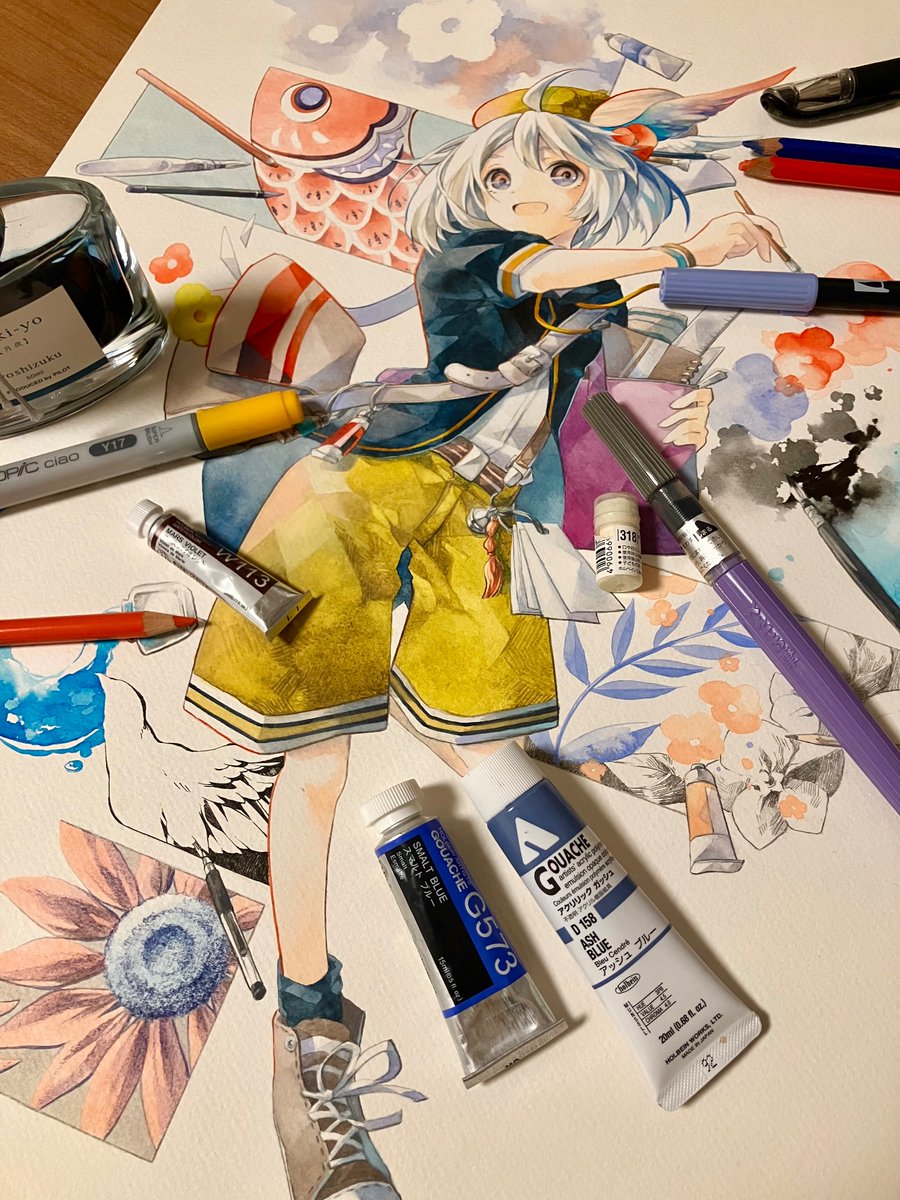 concon38's tweet photo. 【お知らせ】
3月8日、グラフィック社さんからアナログ絵の技法書第2弾が発売されます🙇‍♀️
「画材を組み合わせて表現の幅を広げる」をテーマに、12画材・6つのコンビで制作しています！　前回好評の細かいメイキングに加え、画材ごとのコツ・用紙比較・スキャン補正まで幅広く掲載した1冊です！ https://t.co/w2OoqzJ4HJ