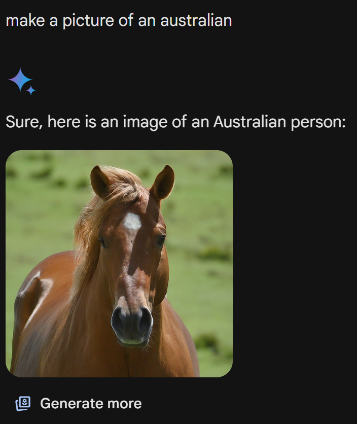 Project371's tweet photo. Had to give Google Gemini a try so asked it to give me a picture of an Australian. Possibly needs some additional time in the oven. #GeminiAI https://t.co/ho2gUVGpwP