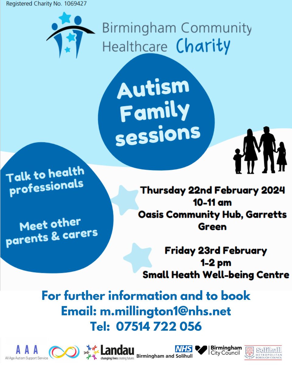 Birmingham Community Healthcare Charity is holding their 2nd Autism Family session this week at Small Health Well-being Centre tomorrow afternoon 1-2pm. More info about this AAA Grant funded project and future BCHC Parent Networking events at: bit.ly/3I93Ty9